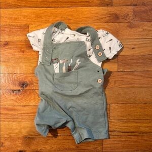 Green Overalls with White Tool Print Shirt